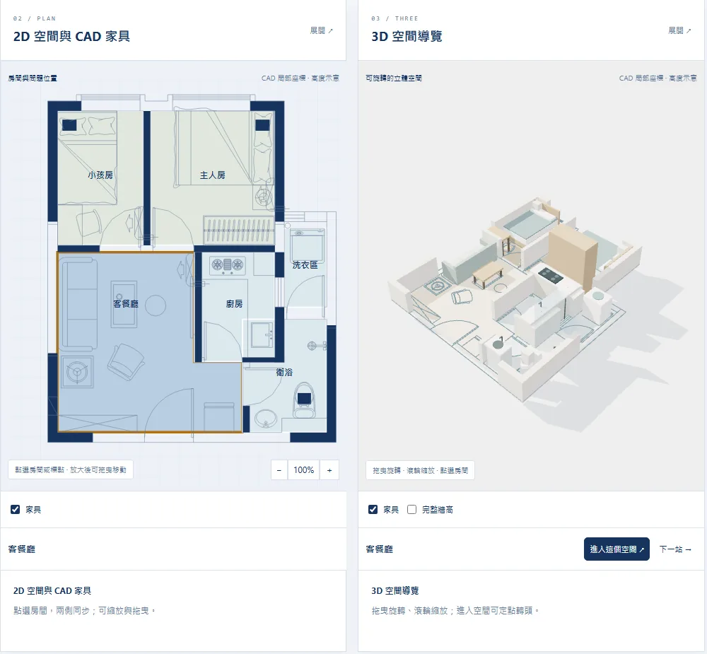 小戶型公寓 CAD 的 2D 空間與 3D 空間導覽，房間命名後點選任一邊另一邊同步